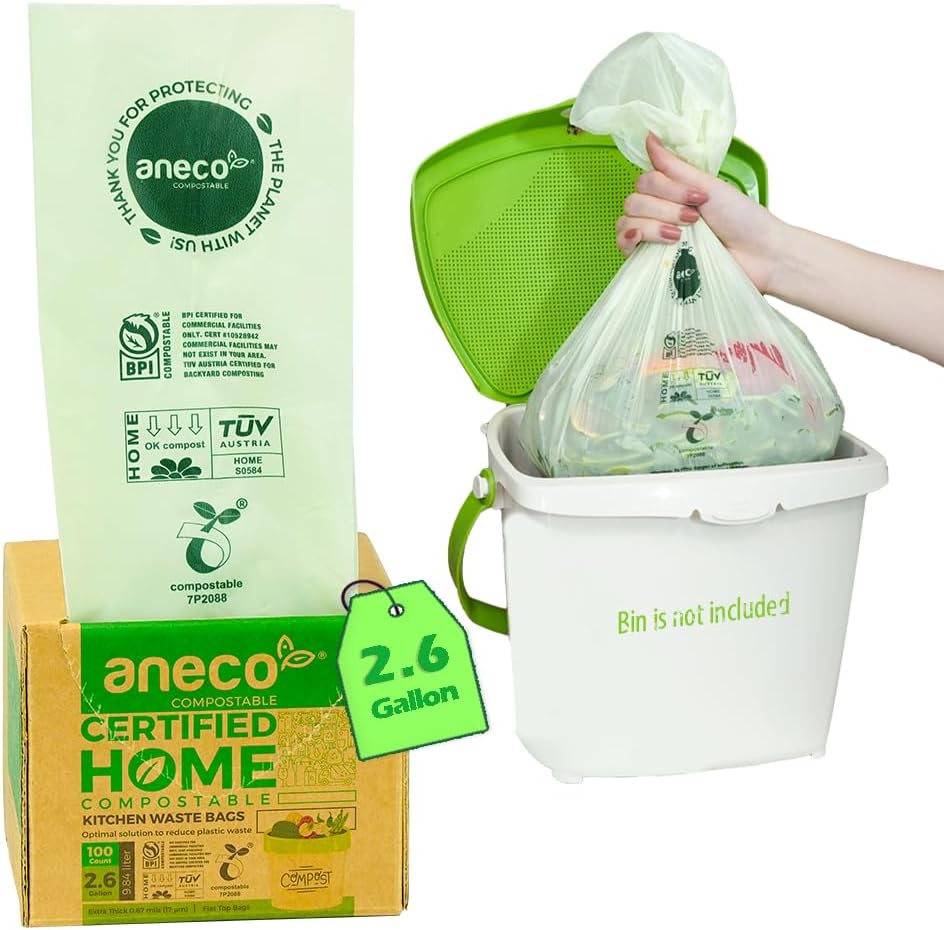 (Include 10 Bonus Bags) ANECO 100% Compostable Waste Bags 2.6 Gallon, Extra Thick Kitchen Small Compost Bags for Countertop Bin, 110 Count (100 + 10 Extra)