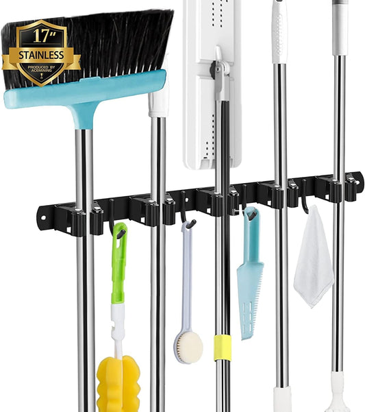Black 5 Racks and 4 Hooks Mop and Broom Holder Wall Mount, Broom Organizer Storage Tool Racks Stainless Steel Heavy Duty Hooks Self Adhesive Solid Non-slip for Home Kitchen Garden Laundry Garage