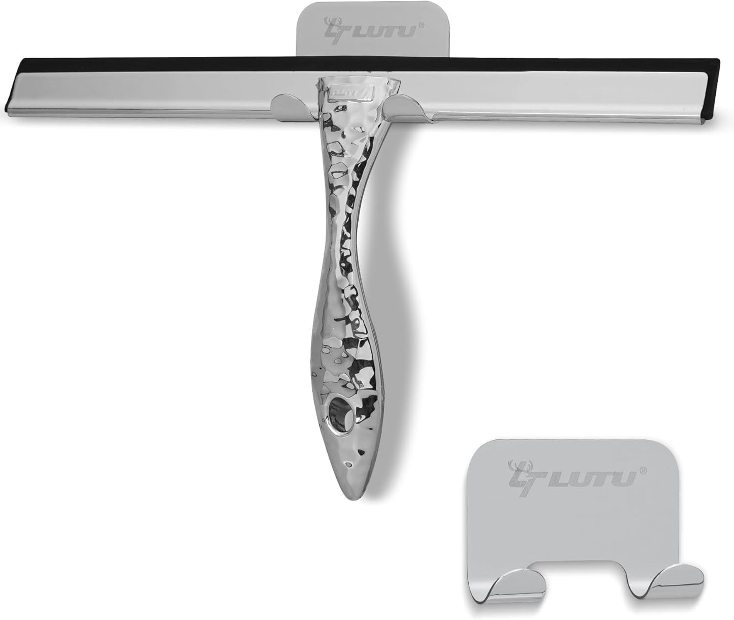 12" Silver Shower Squeegee with Hammered Handle & Waterproof Hook for Glass Doors, Silicone Bathroom Tile Wall and Car Window - Streak-Free Handheld Squeegee