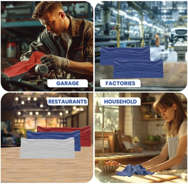 Shop Towels (Red, 100-Pack) - Bulk Cleaning Towel in a Bag, Mechanic Cotton Wipes for Car Maintenance, Auto Mechanics & Garage, Wipe Grease & Oil, Machine Wash & Reusable