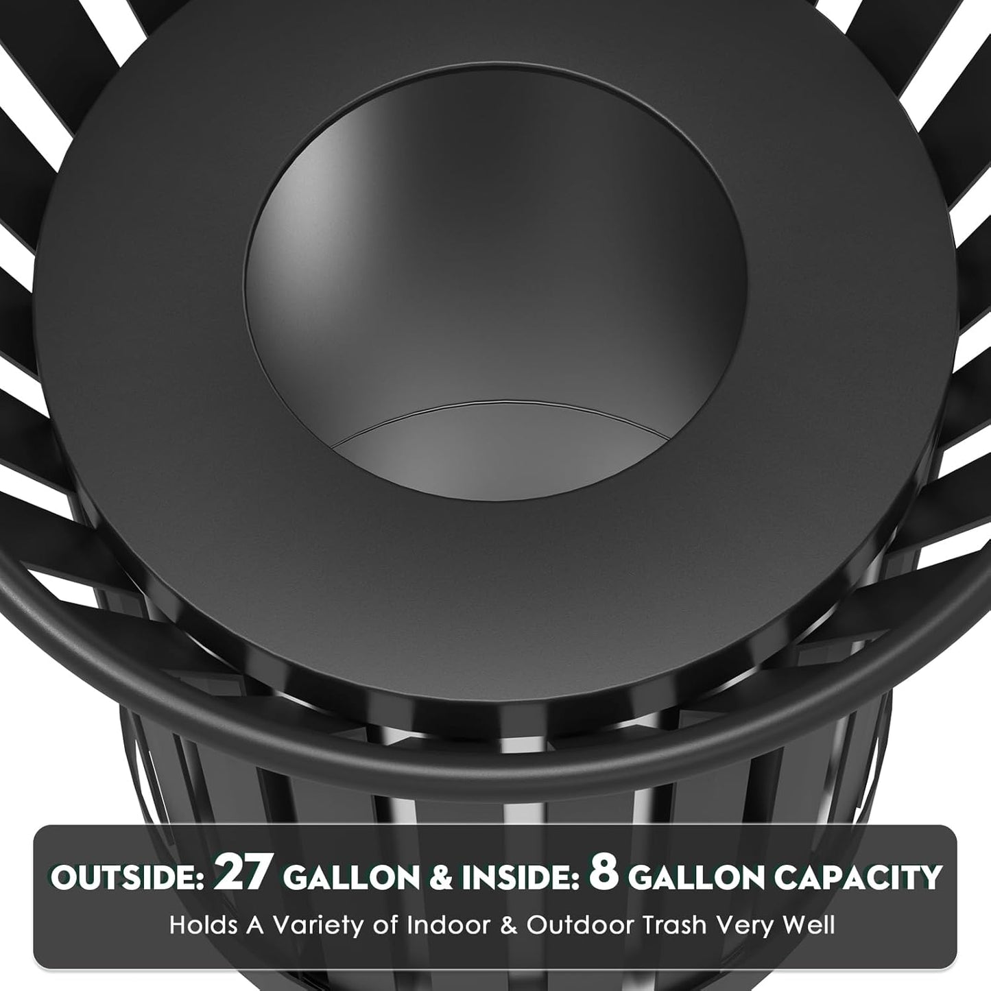 Round Heavy Duty Outdoor Trash Can, Large Metal Slatted Garbage Can for All Weather Resistant, Commercial Garbage Cans, Waste Receptacle in Park, Beach, Patio (Black, Medium)
