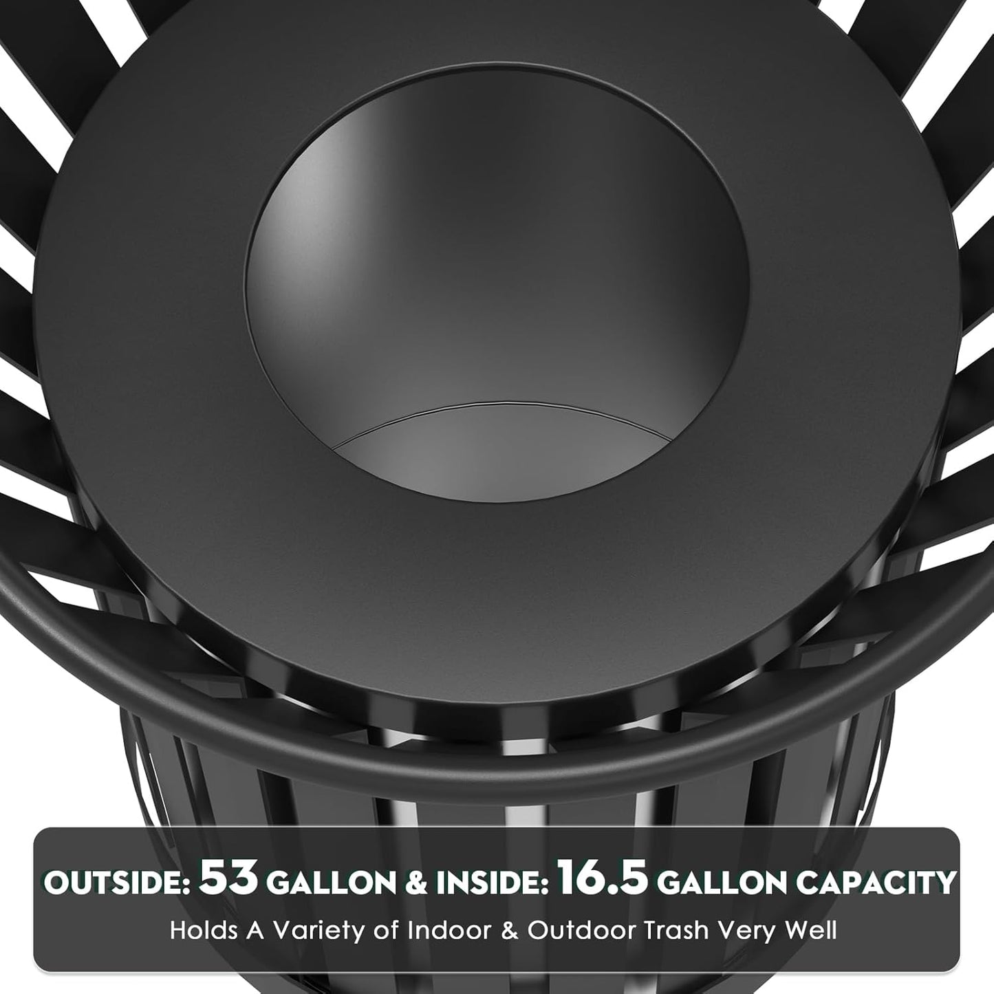 16Gallon/62L Commercial Outdoor & Indoor Metal Trash Can, Outdoor Slatted Trash Receptacle with Metal Linner, All Weather Resistant Large Outside Zone Round Garbage Bin for Street, Park, School-Black