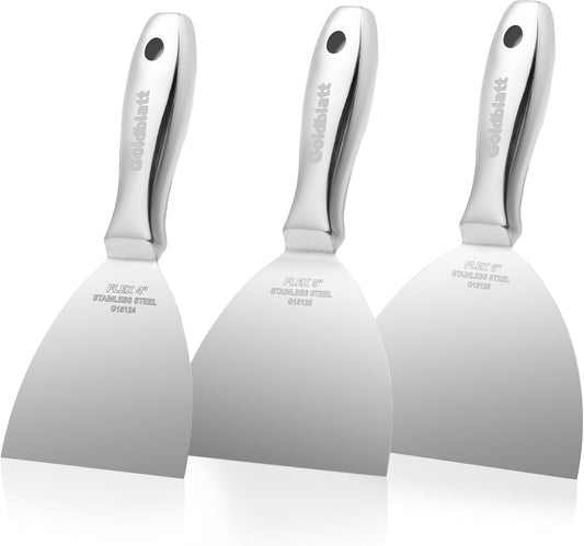 Goldblatt 3-Pack Putty Knife Set(4",5",6"), One-Piece Paint Scraper Tool, All Stainless Steel Joint Knife, Flexible Blade, Seamless Design, Ergonomic Grip - for Drywall Repairing, Finishing, Scraping