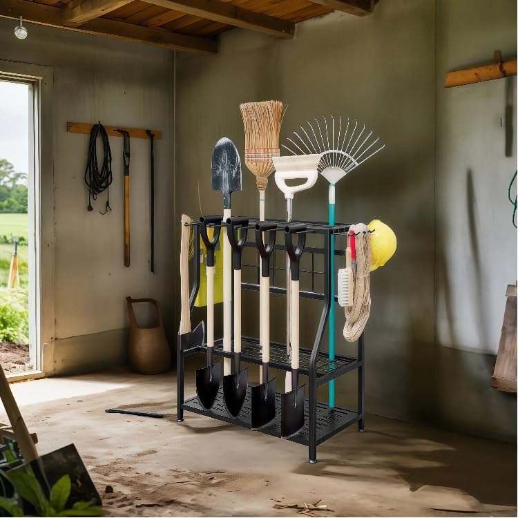 Garden Tool Organizer Holder Heavy Duty Steel Rack Up to 60 Long Handled Tools for Garage Shed Outdoor Garden Yard Black