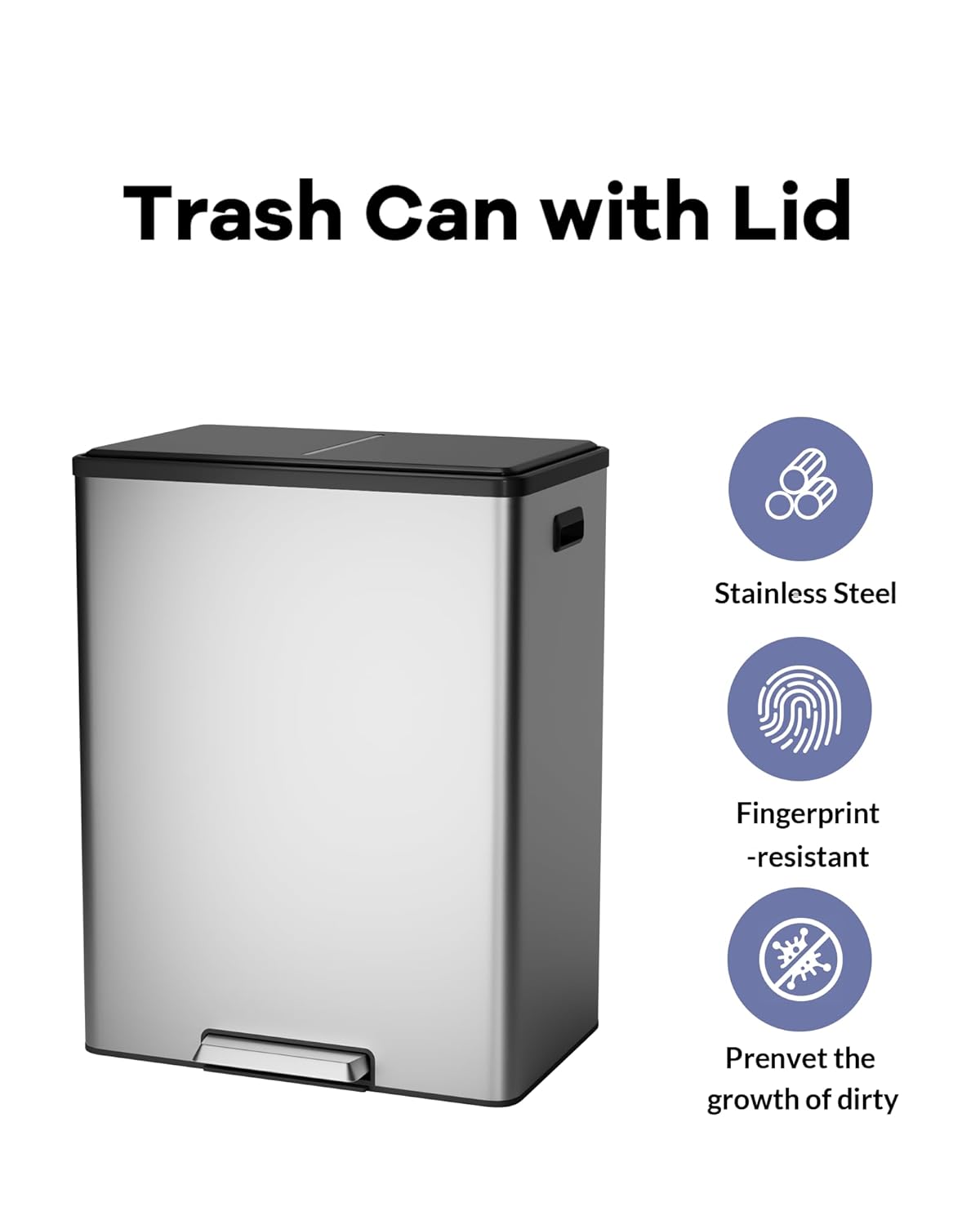 Garvee Dual Trash Can for Recycling and Trash, 2 x 30 L (60 L) Stainless Steel Kitchen Trash Can with Lid and Foot Pedal, Double Compartment Garbage Can, with Recycling Bin, 2 x 8 Gallon