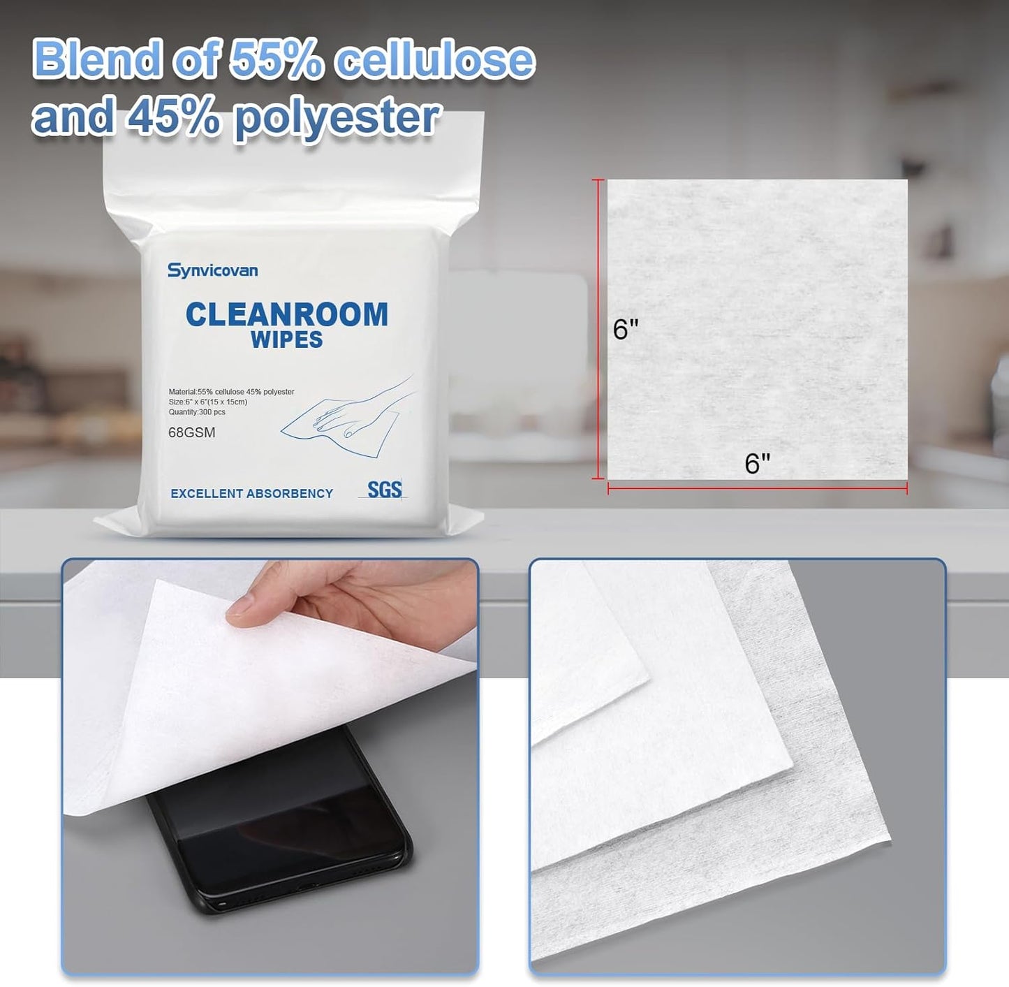Cleanroom Wipes 6"x6" (300 Pcs, Cellulose/Polyester Blend, Grade A, 68GSM) Lint Free Wipes for Laboratory, Electronics, Pharmaceutical,Printing,Automotives and Semiconductor Industries