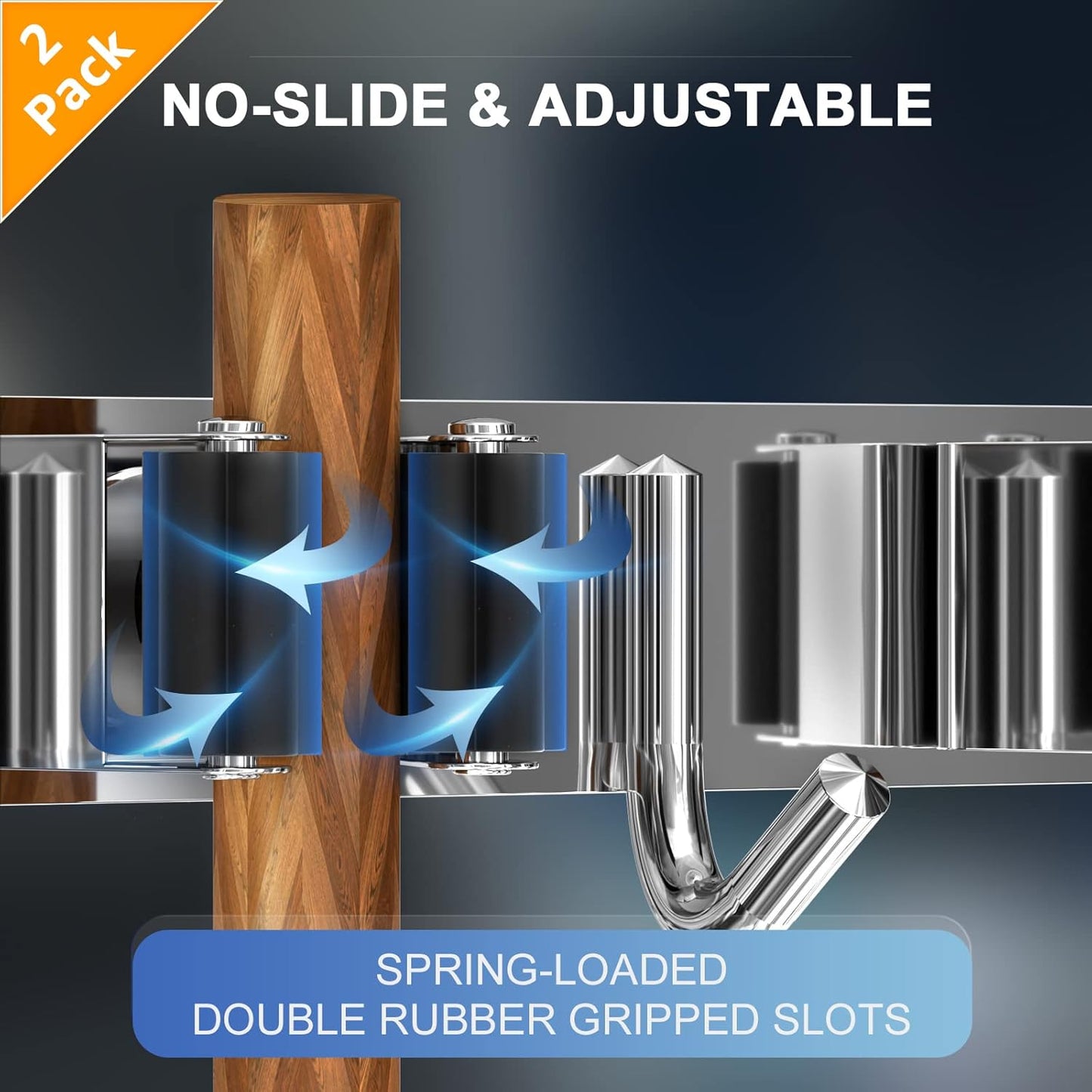 ZONGOOL 2 Pack 3 Racks and 4 Hooks Mop and Broom Holder Wall Mount, Heavy Duty Broom Hanger Organizer Storage Tool Racks Stainless Steel Self Adhesive Wall Hanger for Kitchen Garden Laundry Garage