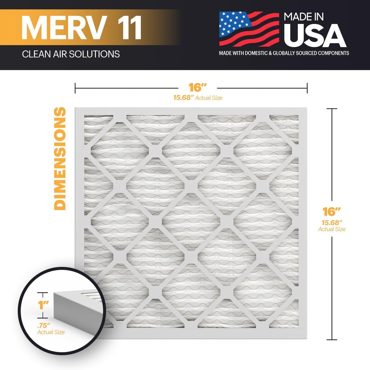 BNX TruFilter 16x16x1 Air Filter MERV 11 (6-Pack) - MADE IN USA - Allergen Defense Electrostatic Pleated Air Conditioner HVAC AC Furnace Filters for Allergies, Dust, Pet, Smoke, Allergy MPR 1200 FPR 7