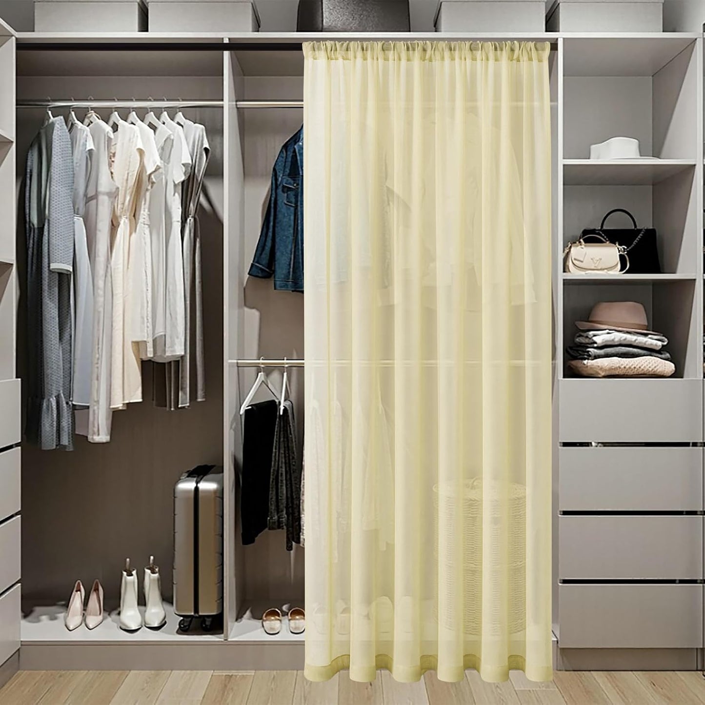 Tollpiz Short Sheer Door Curtain Closet Linen Textured Curtain Sheers Doorway Light Filtering Voile Patio Door Rod Pocket Curtains French Door, 54 x 54 inches Long, Transparent Yellow, Set of 1 Panel