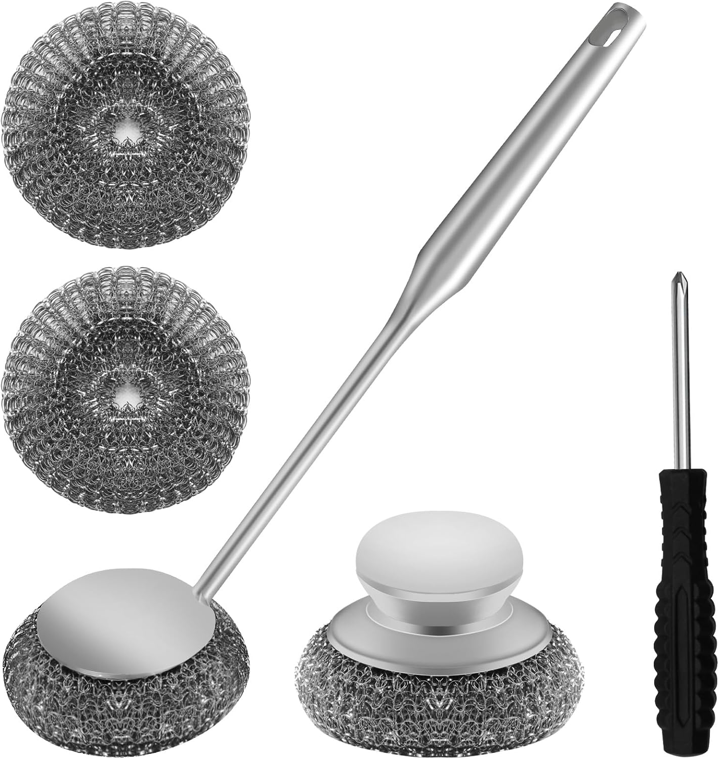 2Pcs Stainless Steel Wool Scrubber Sets, Dish Scrubber with Long Short Handle Stainless Steel Scrubber Cleaning Brush Metal Scrubber with Replacement, Steel Scrubber for Dishes Tableware Home Kitchen