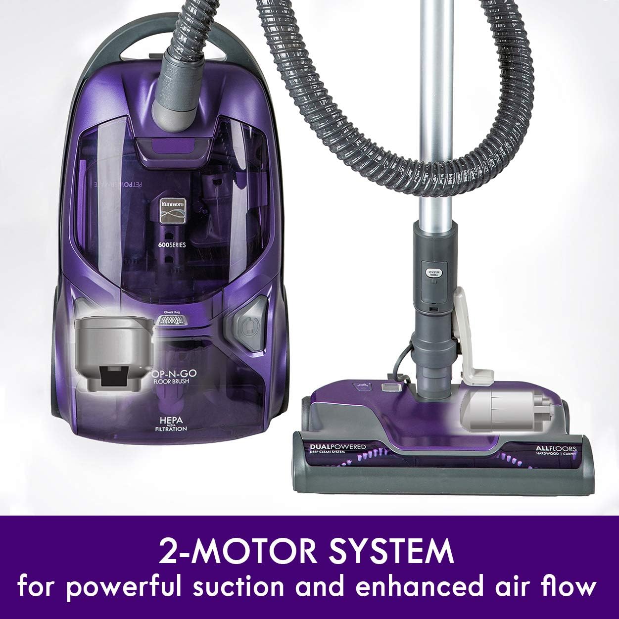Kenmore 600 Series Pet Friendly Lightweight Bagged Canister Vacuum with Pet PowerMate, Pop-N-Go Brush, 2 Motors, HEPA Filter, Aluminum Telescoping Wand, Retractable Cord and 4 Cleaning Tools, Purple