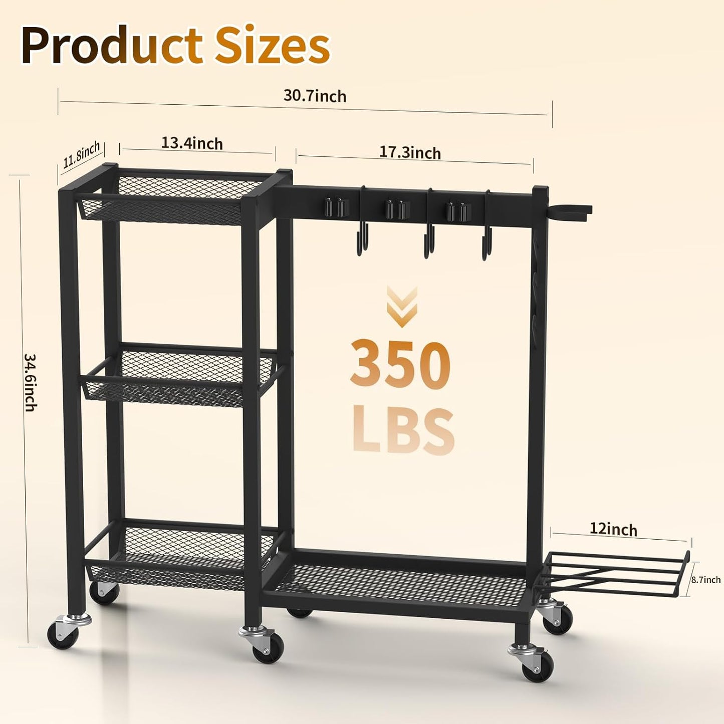 Cleaning Supplies Organizer with Broom Holder Load 350 LBS Cleaning Cart with Wheels Broom Closet Storage with 3-Tier Shelves, 6 Mop Hanger Grippers, 3 Double-Hooks, Vacuum Stand for Laundry Garage