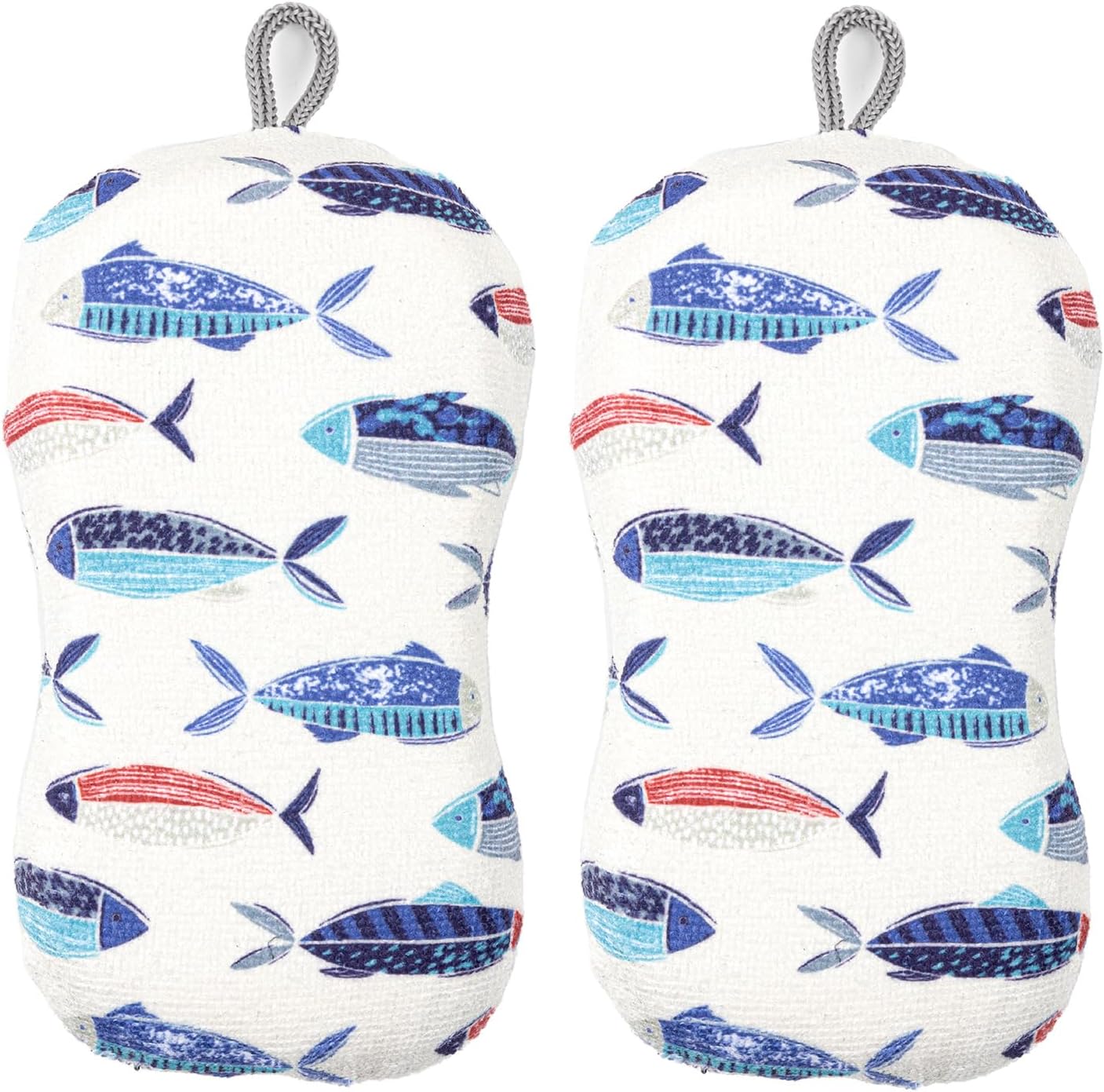 MÜkitchen Premium Microfiber Sponge Set for Dishes and Cleaning, 2 Pack, Printed (Fish)