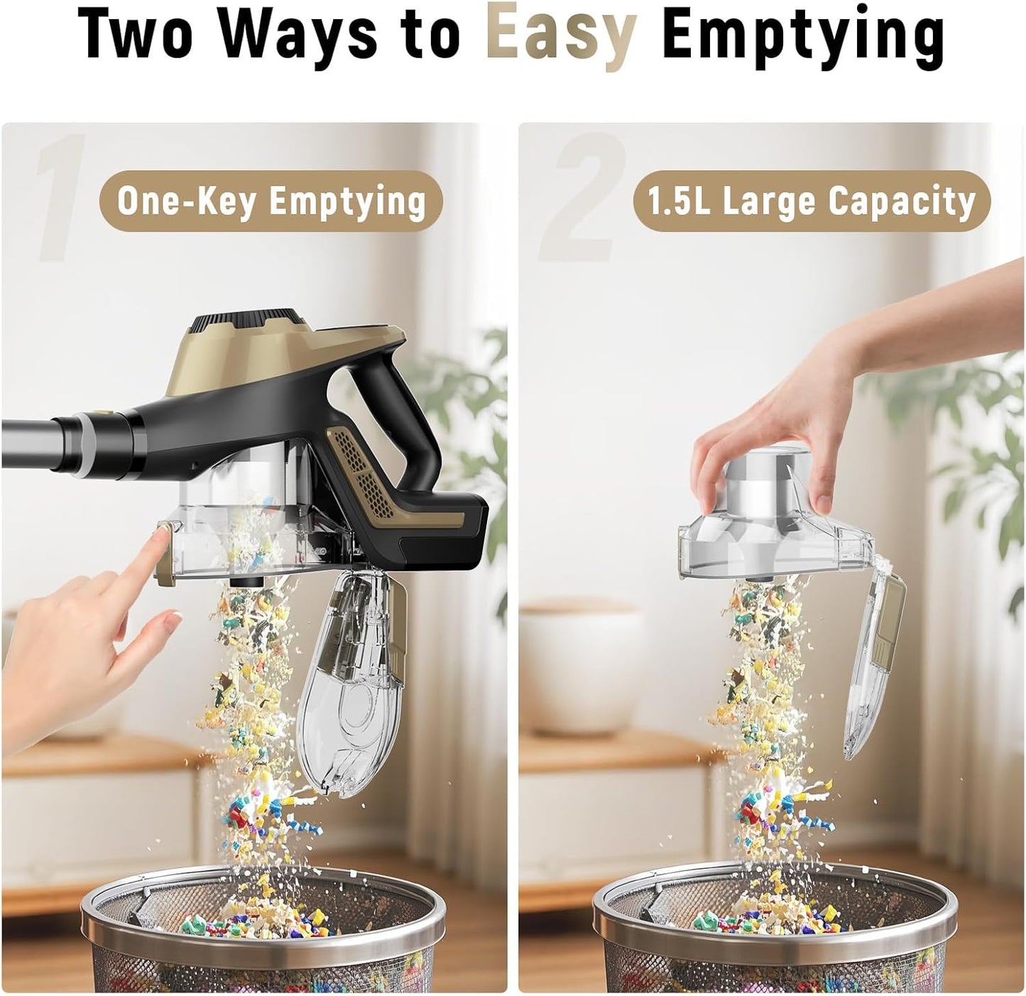 Cordless Vacuum Cleaner, 30Kpa Home Stick Vacuum, Smart Display & 1.5L Dust Cup, 55mins Max Runtime, Rechargeable Lightweight Handheld Vavuum for Pet Hair/Carpet/Hardwood Floor/Car (Golden)