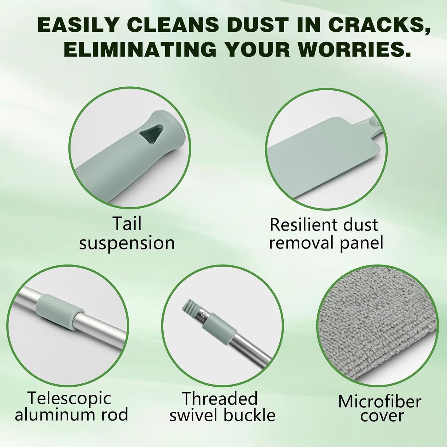 Retractable Gap Dust Cleaner Cleaning Tools with 2 Microfiber Dusting Cloths, Flat Duster with Extension Pole, Flexible Microfiber Duster for Cleaning Under Refrigerator,Sofa,Couch Bed,Furniture