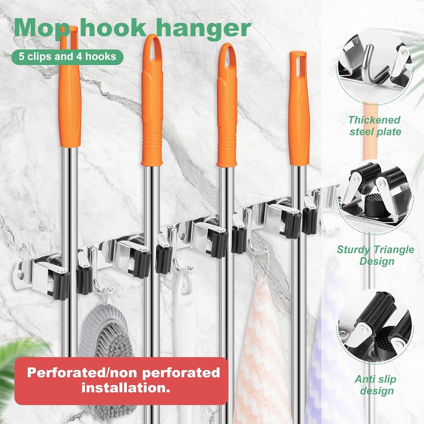 5Pcs 5 Racks 4 Hooks Stainless Steel Broom Mop Holder Anti Slip Wall Mount Broom Storage Rack Strong Load Bearing Waterproof Mop Broom Organizer for Bathroom Kitchen Garage