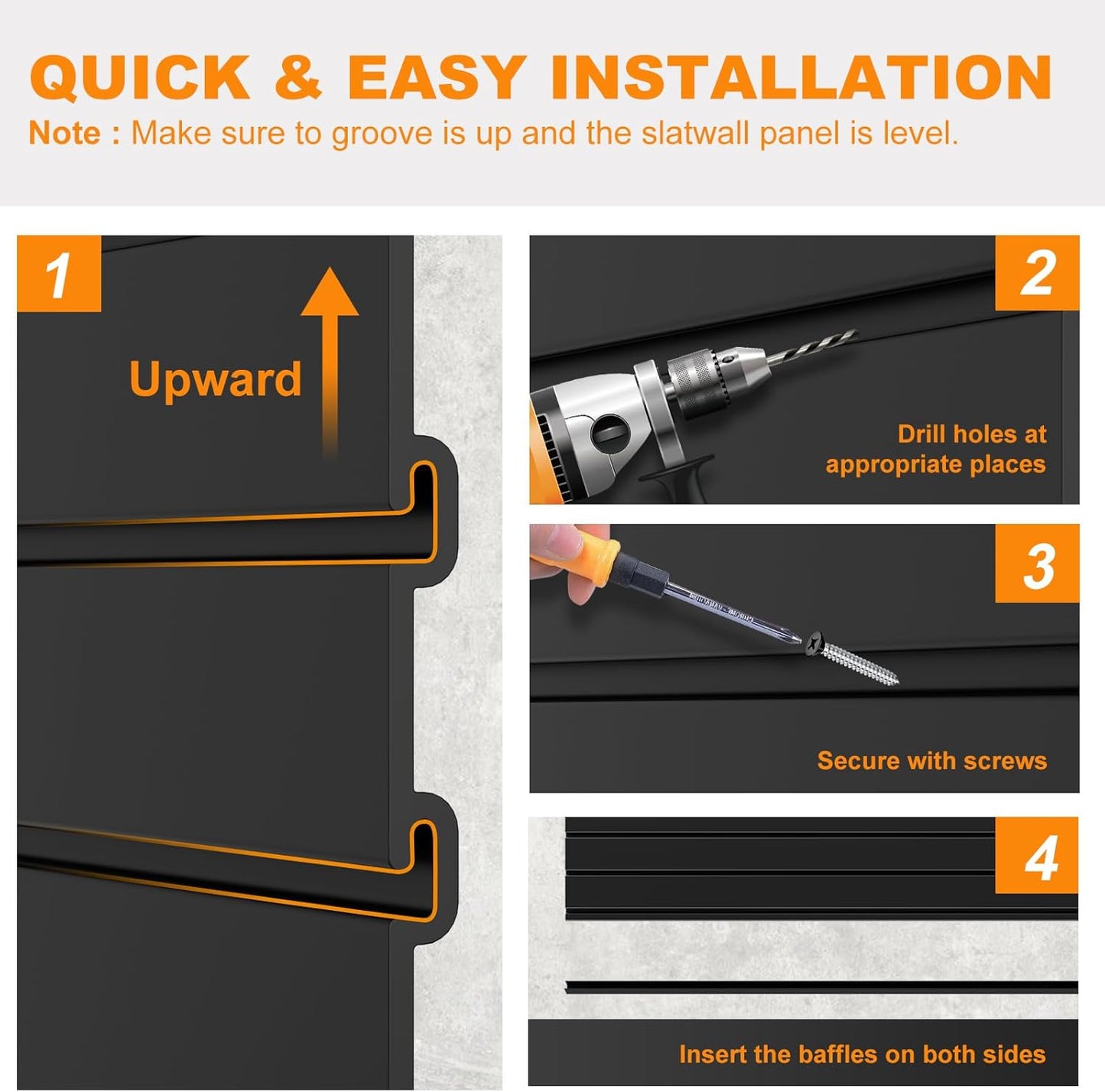 DoCred Slatwall Paneling Organizer, 4x7.5 FT PVC Garage Slat Wall Storage Systems, Heavy Duty Mounted Slat Peg Board for Tool Organization Ladder Bike Includes 20 PCS Hooks Accessories Kit (Black)