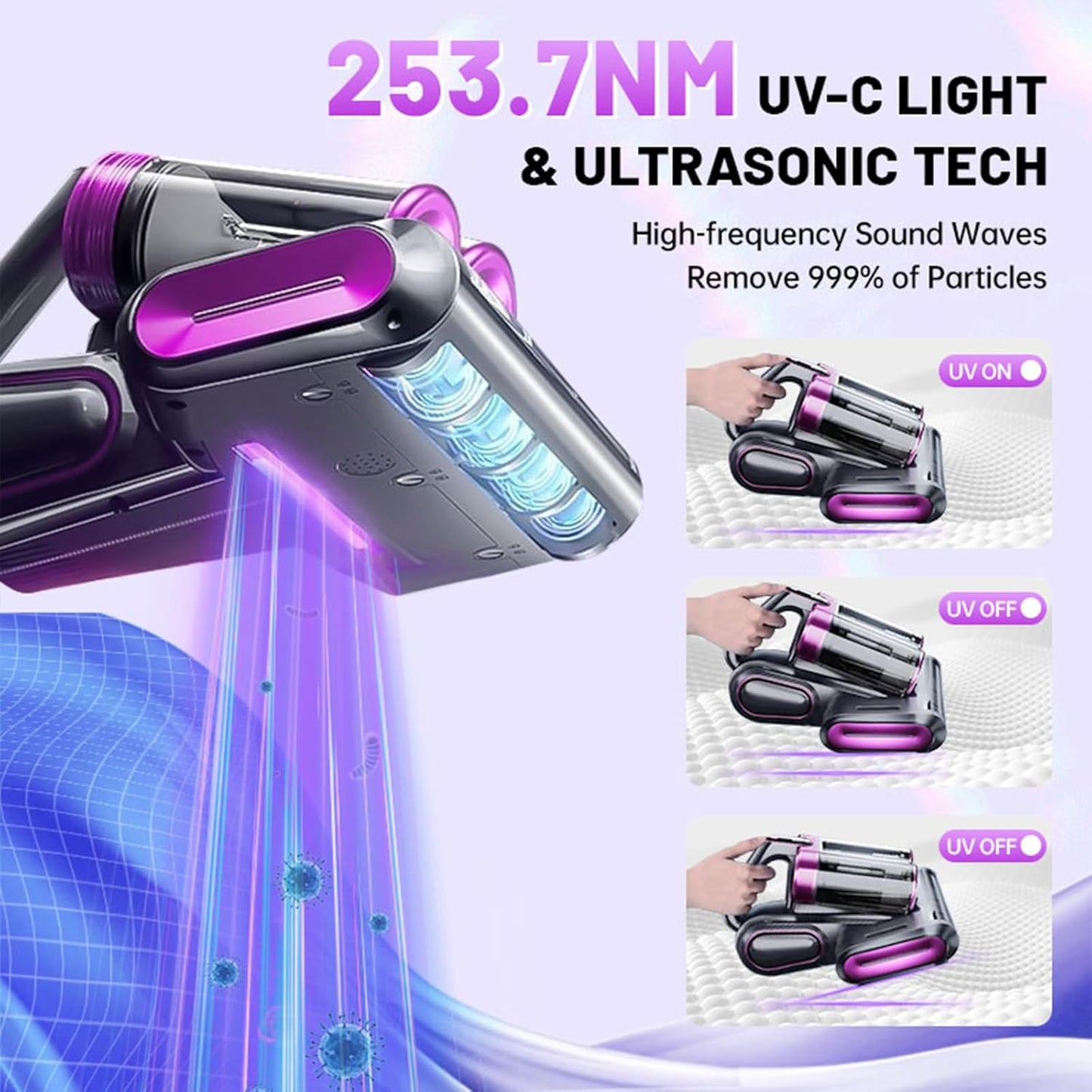Bed Vacuum Cleaner, 16Kpa Mattress Vacuum Cleaner with 253.7nm UV-C Light 48000 RPM/Min Brushroll & Ultrasonic Tech Dual Bins for Dust & Widen Suction Port 120W Cordless for Bed Sofa(Purple)