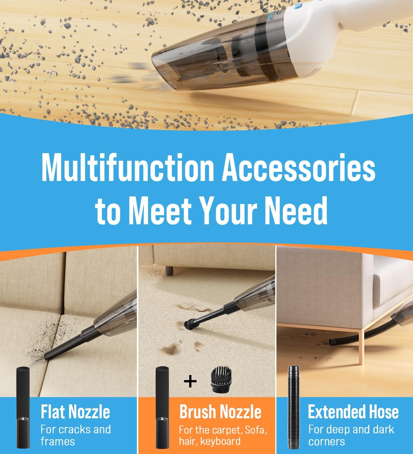 Powerful Handheld Vacuum Cordless, 9500PA Rechargeable Car Vacuum Portable Cordless, Lightweight & Portable Mini Handheld Vacuum Cleaner with Large-Capacity Battery for Car/Home/Pet