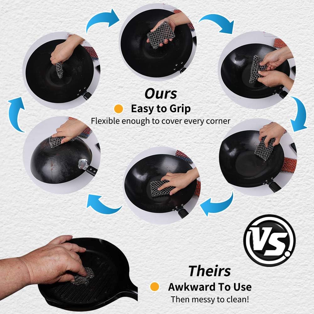 Herda 316L Cast Iron Scrubber Cleaner, Large Chainmail Scrubber for Cast Iron Pan - Chain Mail Scrubber Cast Iron Sponge - Metal Cast Iron Skillet Scrubber, Wok, Dutch Oven Cast Iron Cleaning Kit