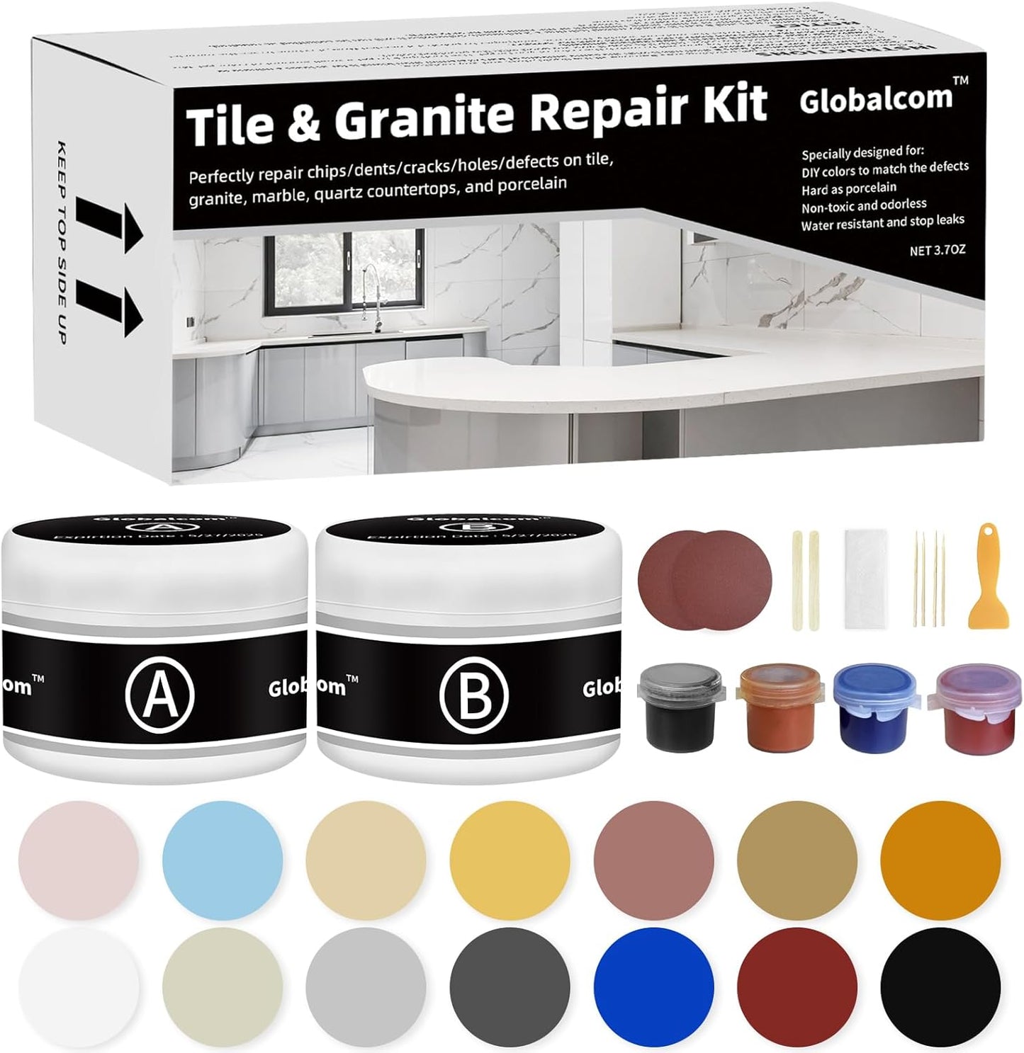 Globalcom Tile and Granite/Marble Repair Kit, Porcelain Stone and Quartz Countertops Repair Kit for Chips Dents Cracks Holes Scratch, Fix Chipped Edges Corners, Reattaches Missing Pieces