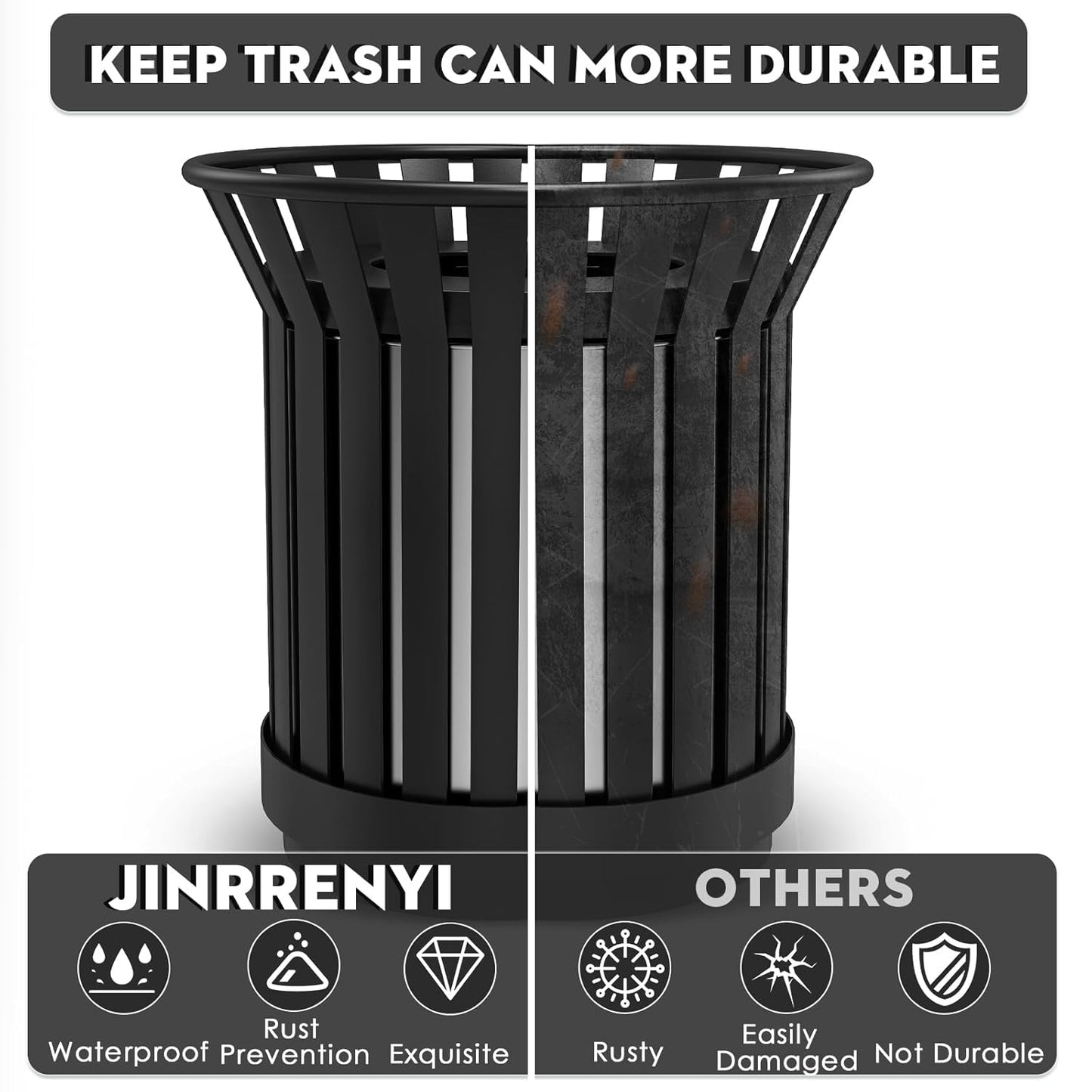 Round Heavy Duty Outdoor Trash Can, Large Metal Slatted Garbage Can for All Weather Resistant, Commercial Garbage Cans, Waste Receptacle in Park, Beach, Patio (Black, Medium)