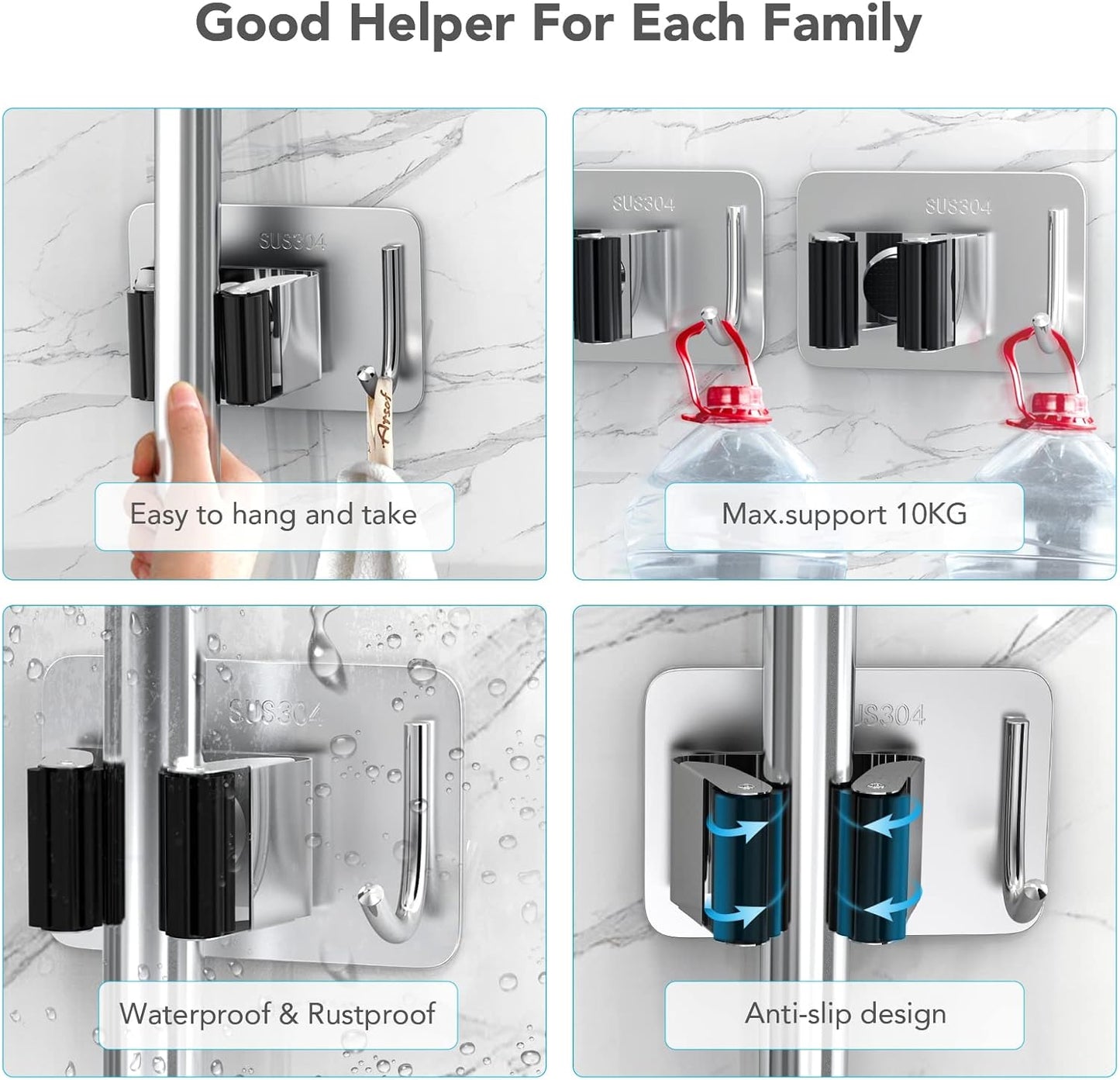 Mop Broom Holder No Drill, Mop Broom Organizer Wall Mounted Heavy Duty with Hooks Hanger, Self Adhesive Stainless Steel 4Pcs for Bathroom, Kitchen, Office (Multicolor)