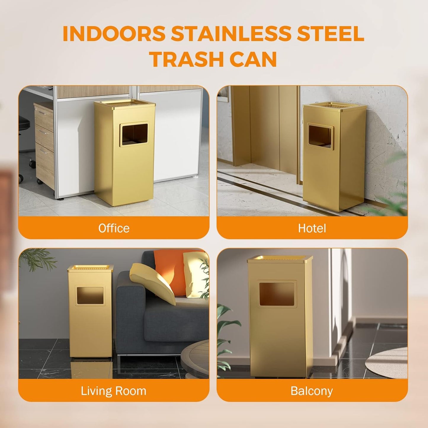 BEAMNOVA Trash Can Indoor Outdoor Black Stainless Steel Commercial Garbage Can Industrial Garbage Enclosure Inside Cabinet with Lid Waste Container, Gold Color, 12.2 * 9.8 * 24 in