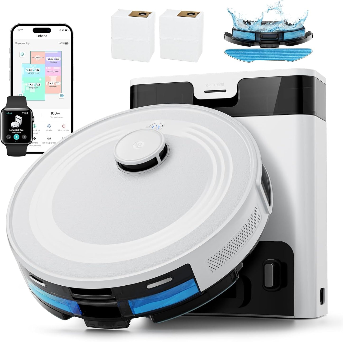 Lefant LiDAR Robot Vacuum and Mop, 45-Day Self-Emptying, 190° PSD Obstacle Avoidance, Customized Cleaning, Multi-Floor Mapping, 5500Pa Strong Suction, 140 Min Runtime, WiFi/Alexa/APP/iWatch, M2 Pro