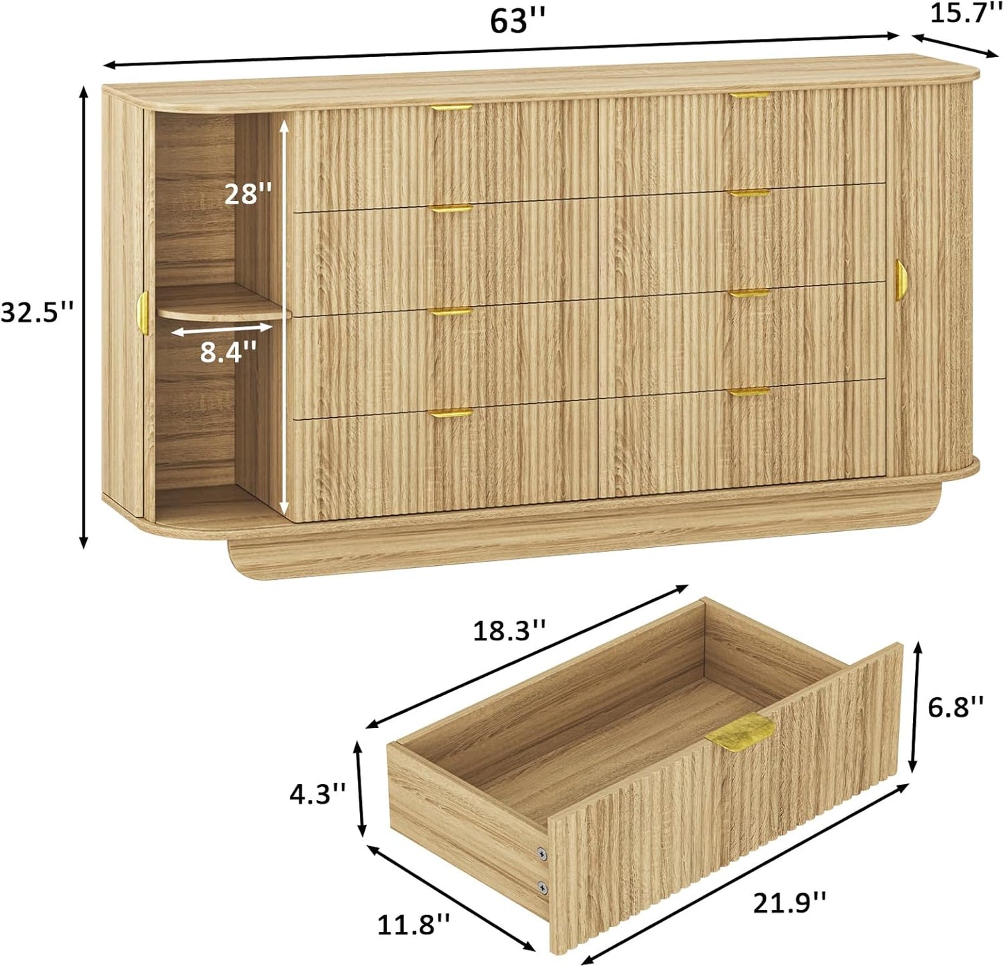 63" Tambour Dresser for Bedroom with 8 Drawers, Modern Chest of Drawers with Sliding Doors & 4 Shelves, Fluted Dresser Storage Organizer for Bedroom, Closet, Living Room(Natural)