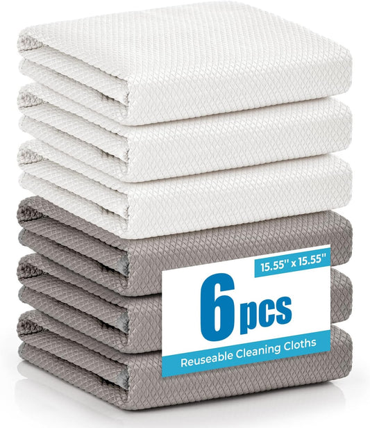 Nanoscale Microfiber Cloths 15.55”x 15.55”, Glass Window Mirror Stainless Steel Car Cleaning, Streak-Free, Lint-Free, Super Thick & Absorbent, Reusable, 6 Pack (White/Gray)