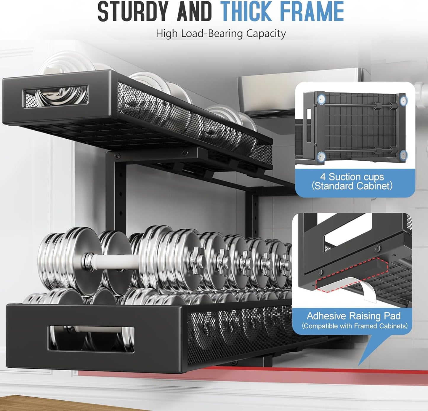 1 Pack 20.47IN Depth Under Sink Storage Organizer, Large 2-Tier Elegant Mesh Pull Out Shelf for Kitchen and Bathroom Cabinet Organization, L-Shaped and Adjustable Height Design-Black