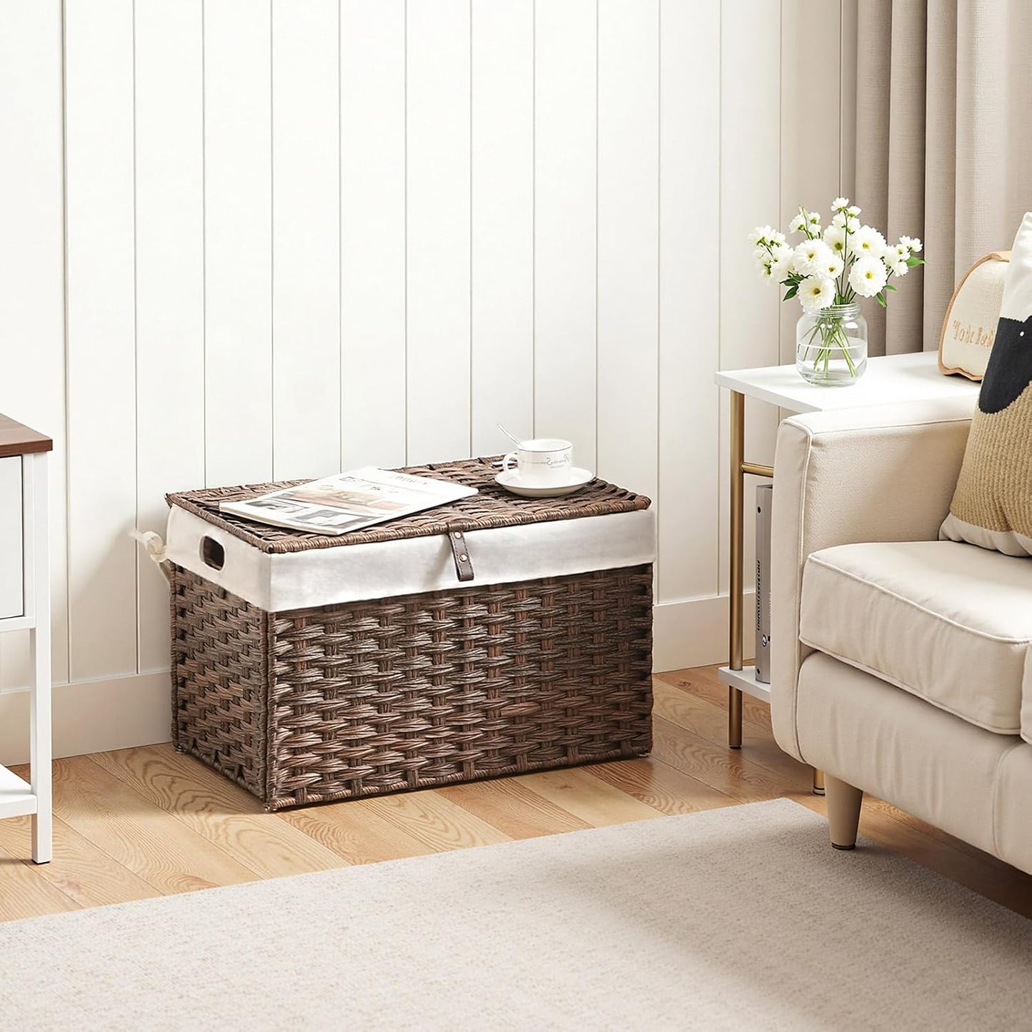 HOOBRO Storage Basket with Lid, 17.2 Gallon (65L) Wicker Basket, Handwoven Blanket Storage Basket with Handles, Metal Frame and Soft Lining, Foldable for Bedroom, Laundry Room, Brown BR265CW01