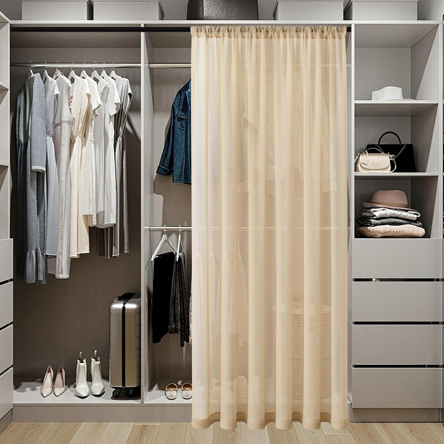 Tollpiz Sheer Door Curtains Closet Linen Textured Curtain Sheers Doorway Light Filtering Voile Patio Glass Door Rod Pocket Curtains French Door, 54 x 80 inches Long, Beige, Set of 1 Panel