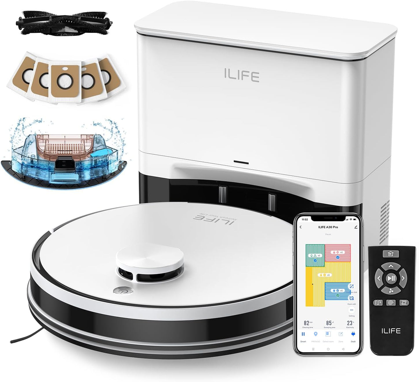 ILIFE A30 Pro Robot Vacuum and Mop, Self Emptying Station for 60 Days, 5000Pa Suction, LiDAR Navigation, No-Go Zones, 2.4G WiFi/App/Alexa/Remote Control, Roller Brush for Carpet, Hard Floors, 110V