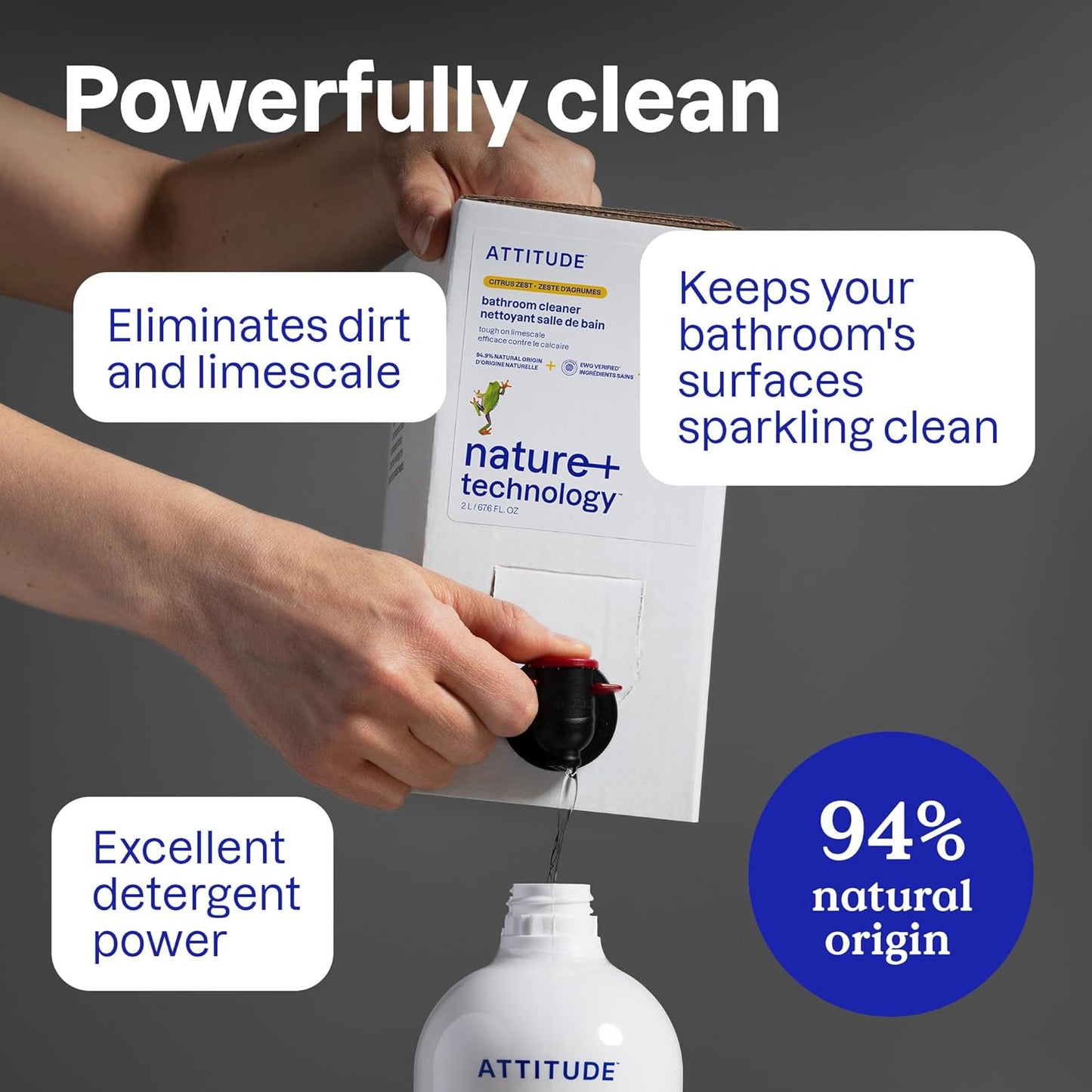 ATTITUDE Bathroom Cleaner Spray, EWG Verified, Plant-Based & Vegan, Safe for Bathroom Surfaces, Tiles, Tubs, Shower Walls, and Grout, Unscented, 27.1 Fl Oz