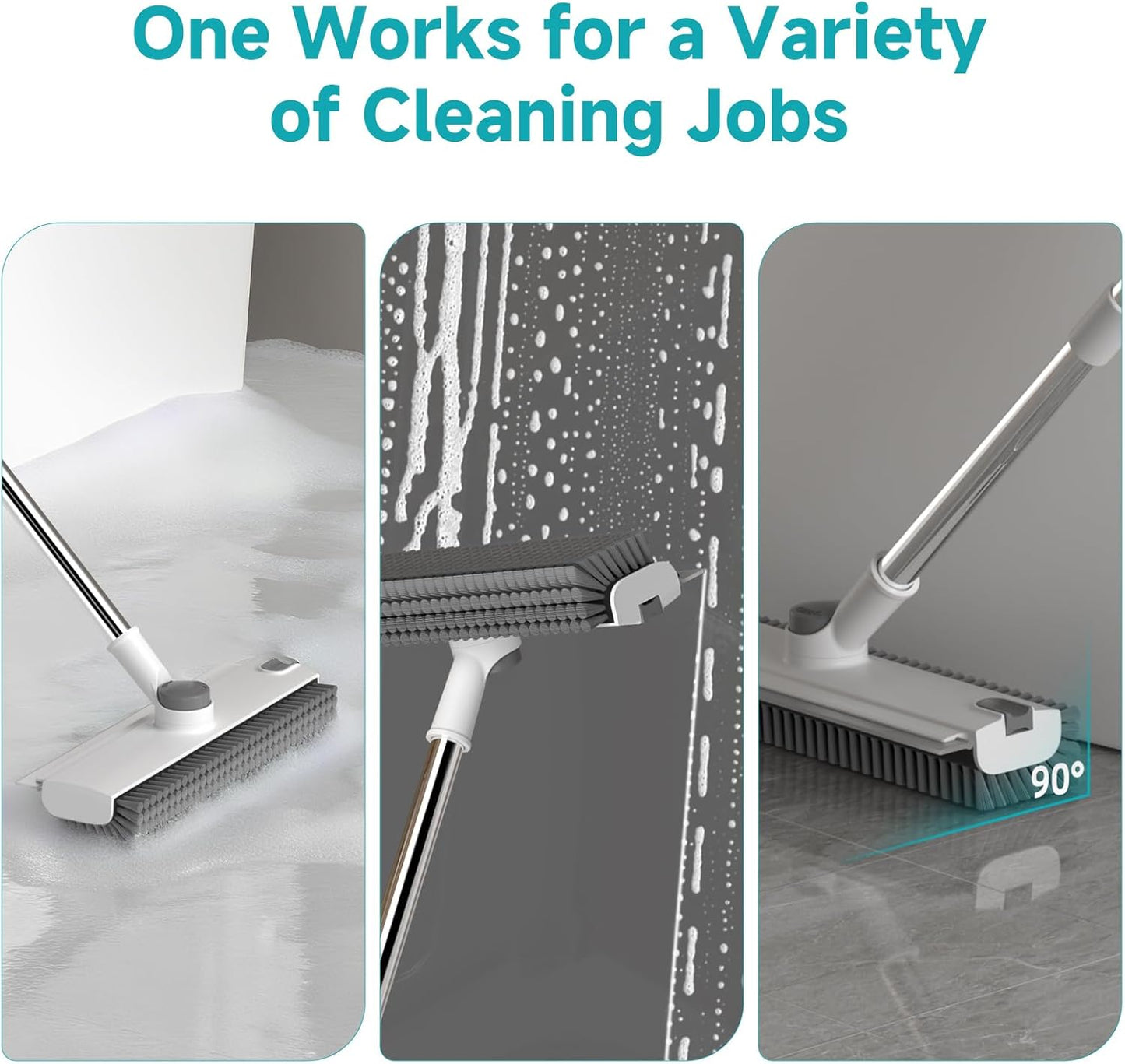 Floor Scrub Brush with Long Handle Length Adjustable, 3 in 1 Heavy-Duty Stiff 90° Bristle Floor Scrubber Broom with Squeegee, for Bathroom, Garage, Kitchen, Tile, Deck & Patio (White)