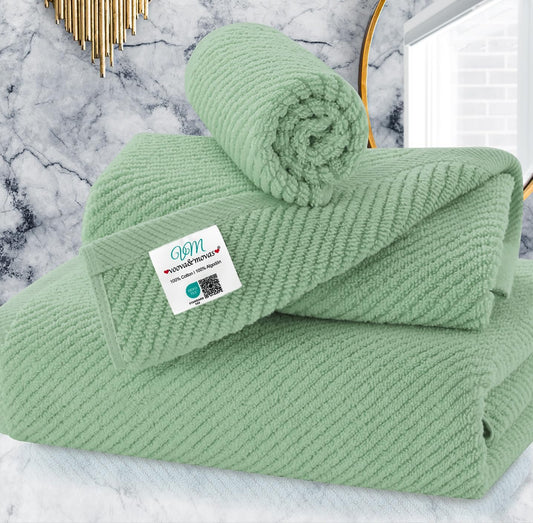 VOOVA & MOVAS Green Towels for Bathroom, 100% Cotton | Quick Dry | Soft | Thick, 3 Piece Towel Set, 1 Large Bath 30" x 56", 1 Hand 18" x 28", 1 Wash Cloth 13" x 13", Bathroom Essentials, Sage Green