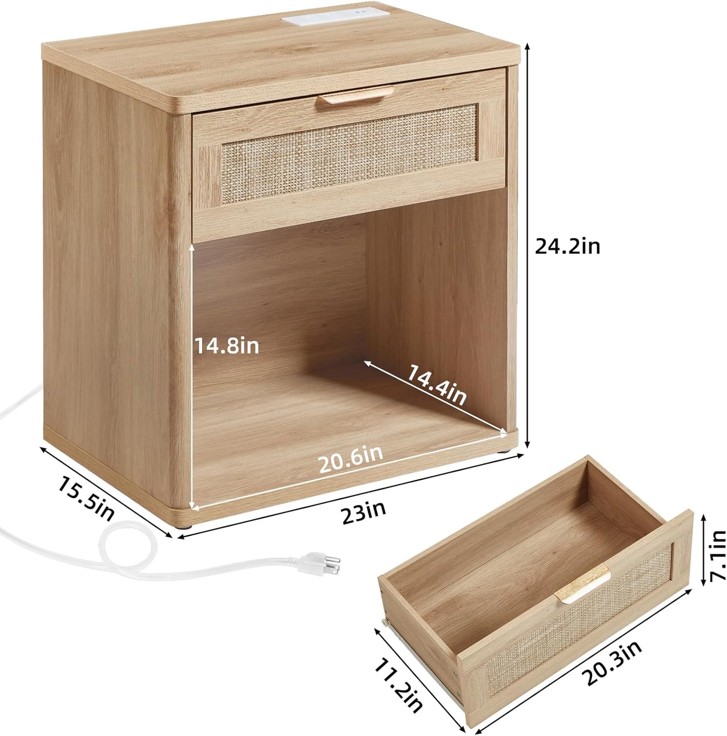 LEYAOYAO Rattan Nightstands Set of 2 with Charging Station, 23" Wide Boho Night Stand with Drawer, Natural Wood Bedside Table Open Cabinet, Bed Side End Table Dresser for Bedroom, Living Room, Hallway