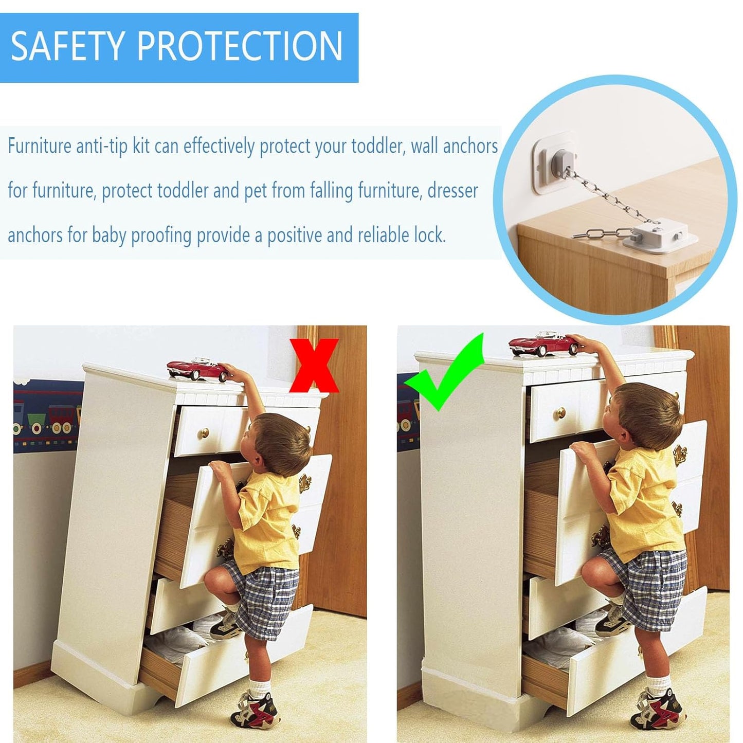 YEYA Anti-Tip No Drill Furniture Anchor with 3M Adhesive 10" Adjustable Straps, Baby Proofing Wall Anchors for Child Safety, Playroom Essentials 2P