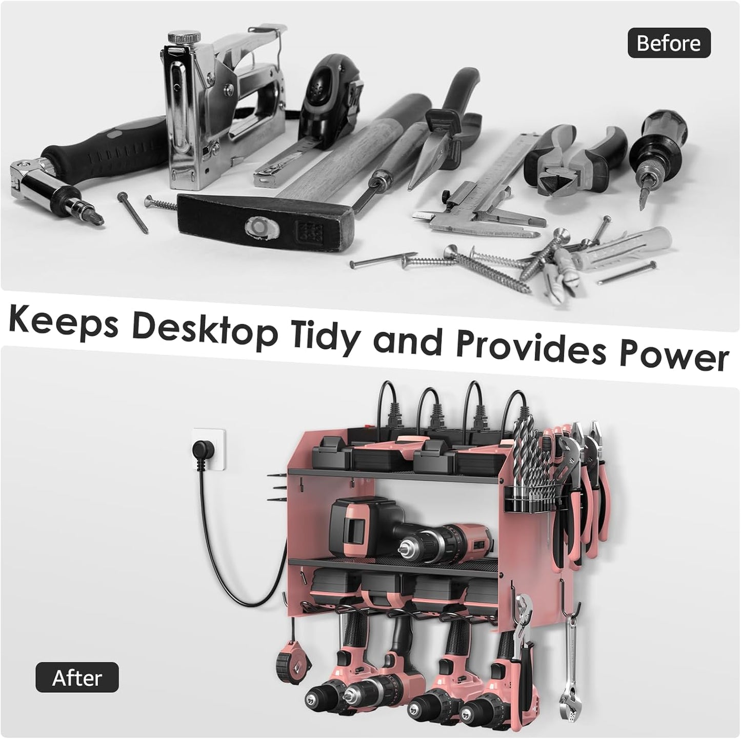 CCCEI Modular Power Tool Organizer Wall Mount with Charging Station. Garage 4 Drill Storage Shelf with Hooks, Drill Bit Heavy Duty Rack, Pink Tool Battery Holder Built in 8 Outlet Power Strip.