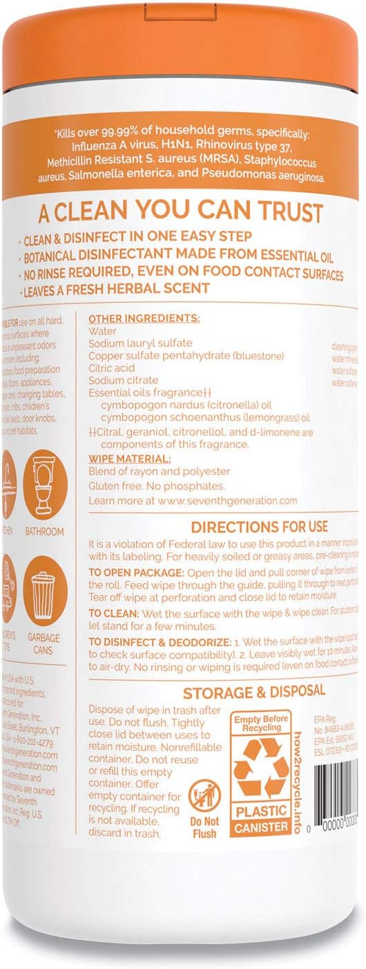 Seventh Generation Multi Surface Disinfecting Wipe, 35 Count Canister - 12 per case.