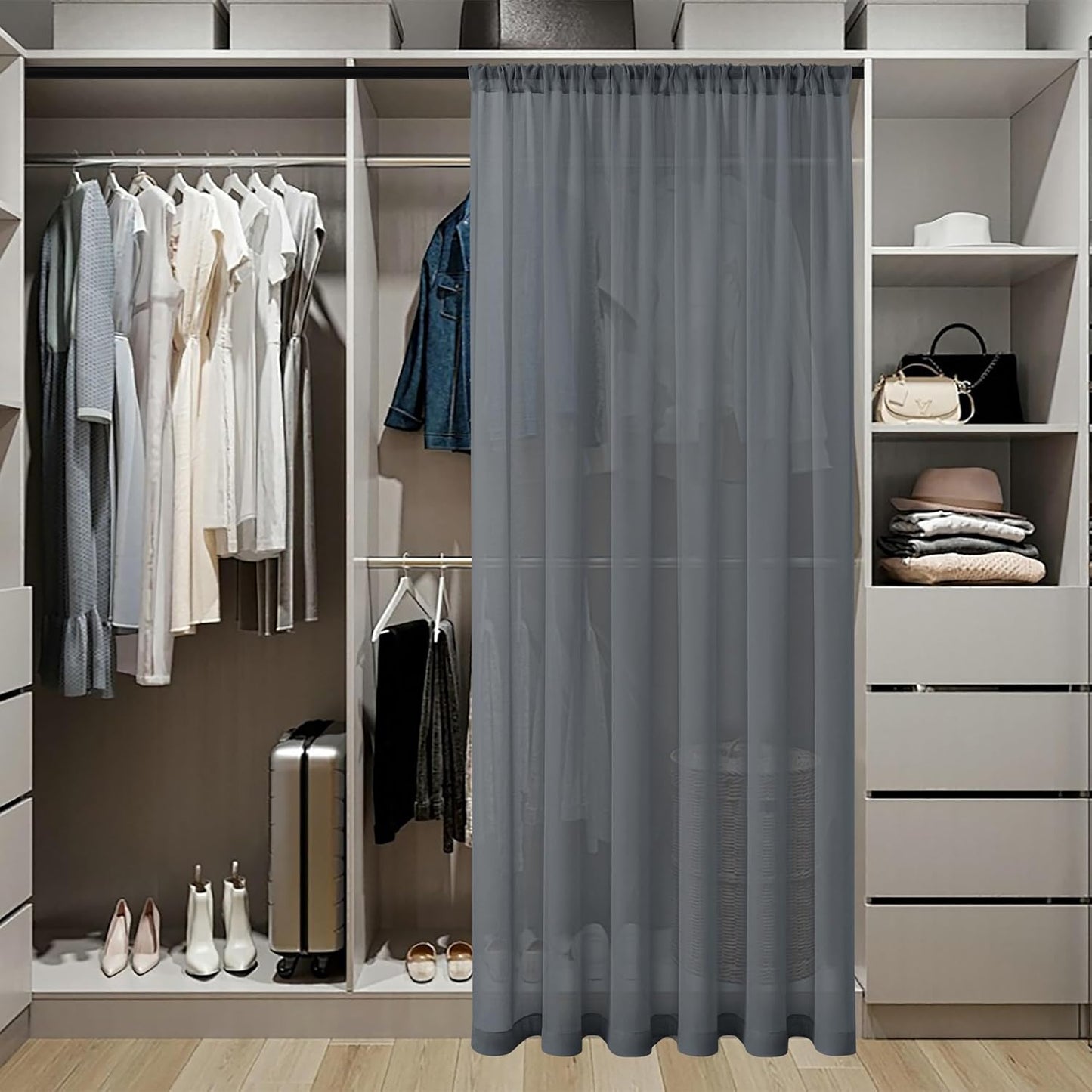 Tollpiz Short Sheer Door Curtains Closet Linen Textured Curtains Sheer Doorway Light Filtering Voile Patio Glass Door Rod Pocket Curtain French Door, 54 x 40 inches Long, Dark Grey, Set of 1 Panel