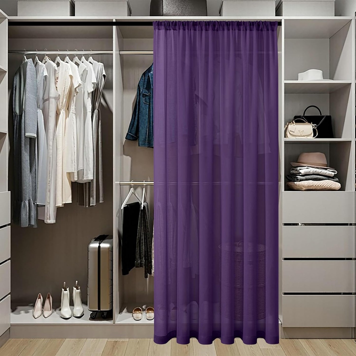 Tollpiz Short Sheer Door Curtains Closet Linen Textured Curtains Sheer Doorway Light Filtering Voile Patio Glass Doors Rod Pocket Curtain French Door, 54 x 40 inches Long, Royal Purple, Set of 1 Panel