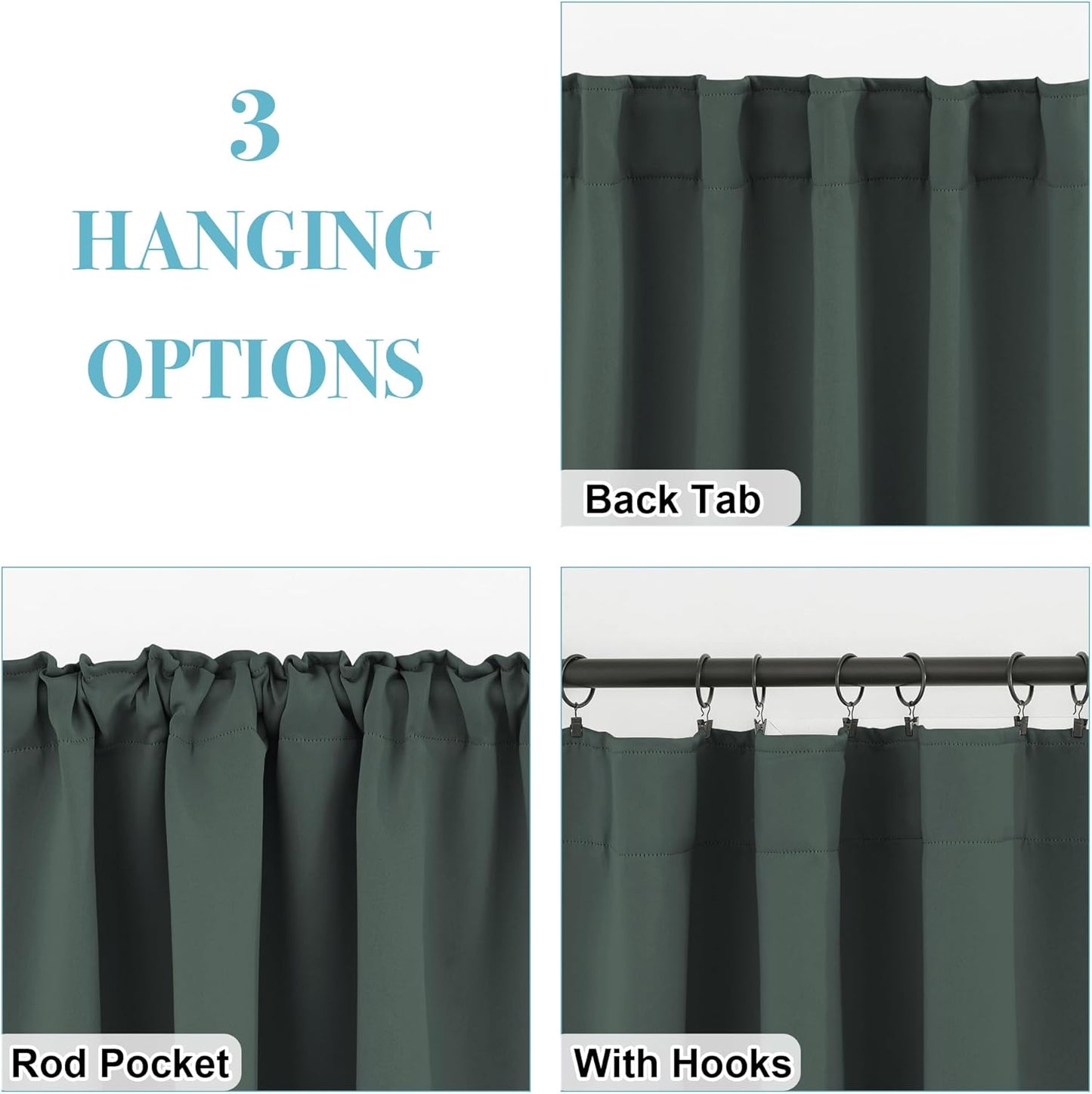 RYB HOME Kitchen Window Curtains Over Sink - Blackout Insualting Privacy Curtains for Kids Bedroom Kitchen Bathroom Basement Cafe Cabinet Tiers Drapes, 34 Width x 30 Length, 2 Panels, Dark Green