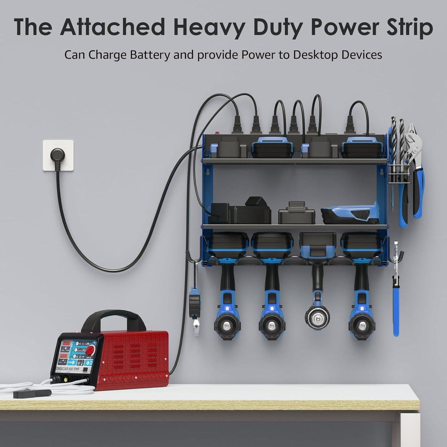 CCCEI Set Power Tool Organizer Wall Mount with Charging Station. Garage 4 Drill Storage Shelf with Hooks, Heavy Duty Metal Tool Battery Charger Organizer. Shop Utility Rack with Power Strip Blue.