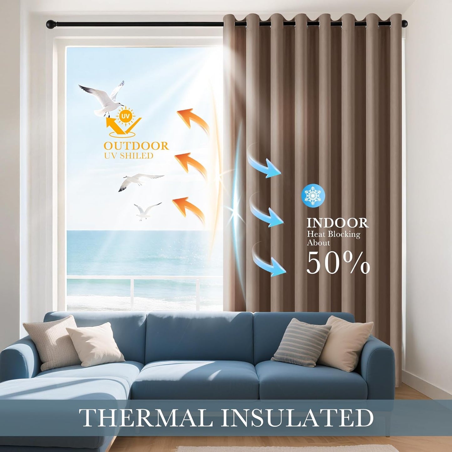 PONY DANCE Window Curtain Panels - Grommets Top Thermal Insulated Light Blocking Curtain Covers for Bedroom Dining Room/Sliding Door and Closet, 55 Width by 80 Inches Length, Mocha, Pack-2