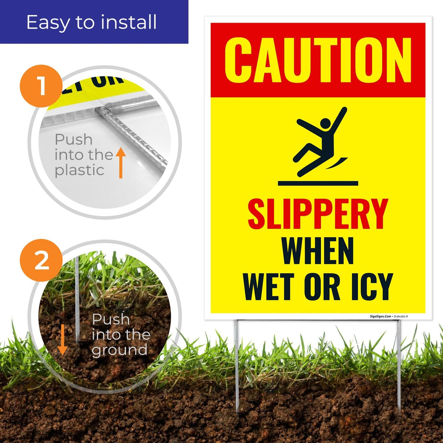 Caution Slippery When Wet or ICY Sign, (SI-84404) (4 Pack) Double Sided 9x12 Inches, Corrugated Plastic with Metal H Stake, Made in USA by Sigo Signs