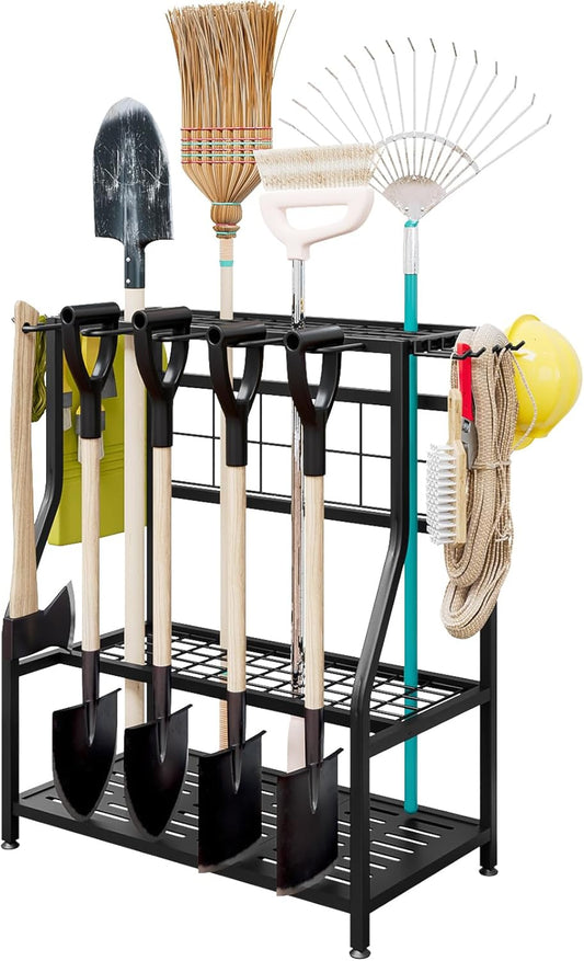 Garden Tool Organizer Holder Heavy Duty Steel Rack Up to 60 Long Handled Tools for Garage Shed Outdoor Garden Yard Black