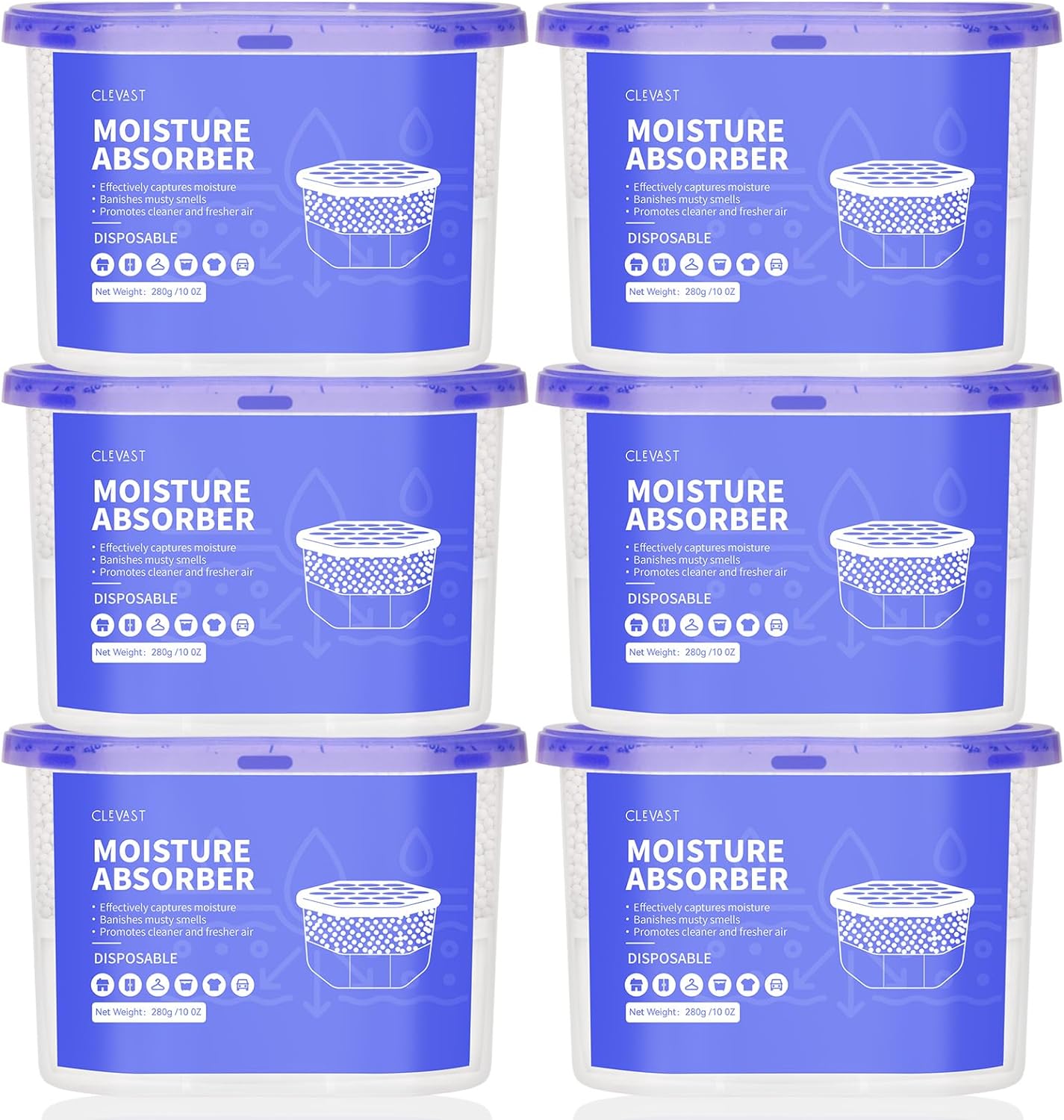CLEVAST Moisture Absorbers Boxes, 10 OZ, 6 Pack, Dehumidifier Box for Closet, Unscented Hanging Humidity Absorber in Wardrobes, Bedrooms, Bathrooms, RV